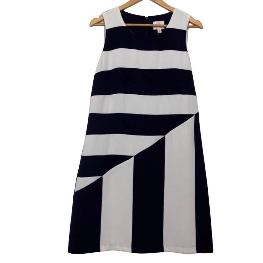JULIE Brown New York nautical shift dress navy blue white stripe sleeveless 12